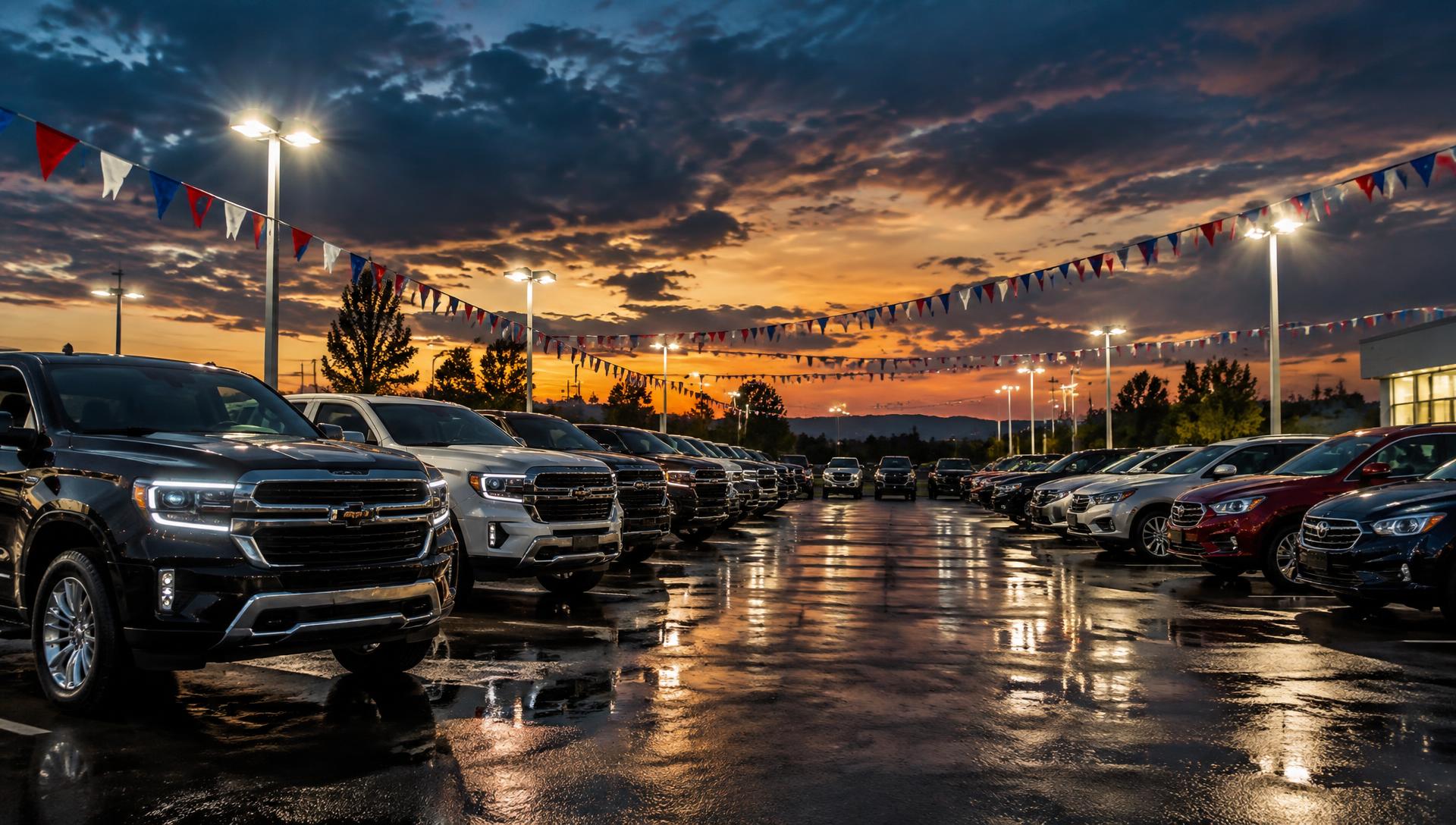 Used car lot at dusk